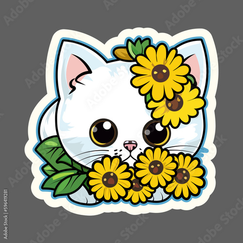 Sticker with a cute cat with sunflowers. Vector graphics