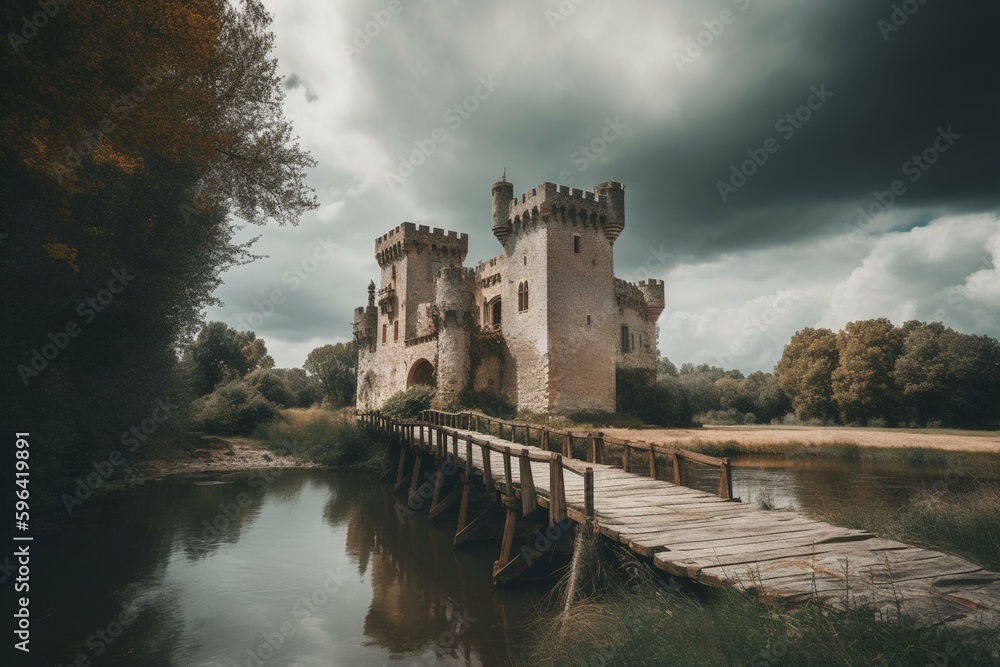 Image of castle, bridge, water, background castle, clouds, and sky. Generative AI