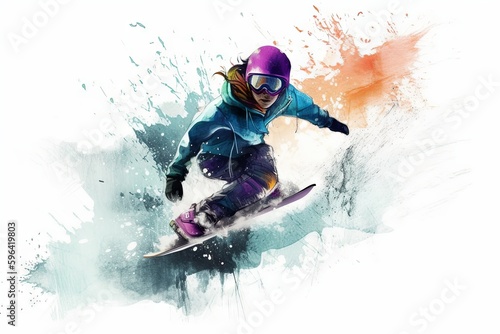 Illustration painting of a snowboarding on white background. Snowboard. Winter sport concept. Generative AI Technology