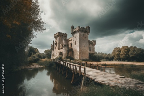 Image of castle, bridge, water, background castle, clouds, and sky. Generative AI