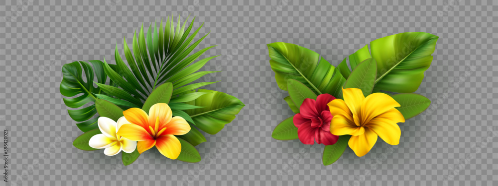 Set of tropical leaves with exotic flowers. Summer floral concept in realistic style. Vector illustration. - obrazy, fototapety, plakaty 