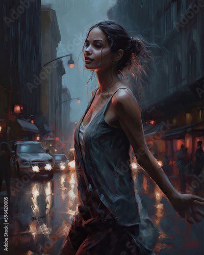 Oil painting art of a young woman dancing in the rain