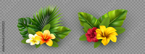 Set of tropical leaves with exotic flowers. Summer floral concept in realistic style. Vector illustration.