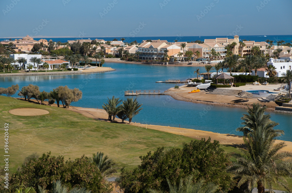 Obraz premium Beautiful landscape shots of El Gouna from the top of El Gouna Tower, Red Sea, Egypt, Africa