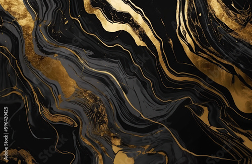 Black and gold marble abstract background. Decorative acrylic paint pouring rock marble texture. Horizontal Black and gold wavy abstract pattern, created with Generative AI