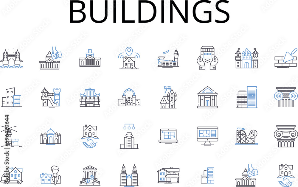 Buildings line icons collection. Houses, Towers, Structures, Edifices, Skyscrapers, Residences, Apartments vector and linear illustration. Constructions,Mansions,Villas outline signs set Generative AI