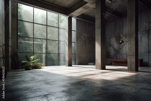 A 3D representation of a vacant indoor space made of concrete. Generative AI