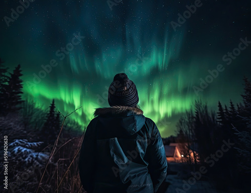Aurora, A Person Stands in Awe of the Vivid Aurora Borealis, Graphical resource, Background, Wanderlust, Travel. Generative AI