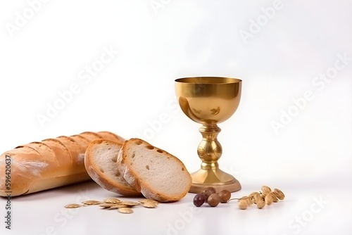 Wallpaper Illustration and background of wine and bread, holy eucharist. Front View. Concept of Corpus Christi Celebration, Catholicism. Generative AI.