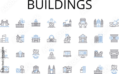 Buildings line icons collection. Houses, Towers, Structures, Edifices, Skyscrapers, Residences, Apartments vector and linear illustration. Constructions,Mansions,Villas outline signs set Generative AI