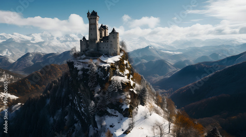 A medieval castle in a cold and snowy mountain. Generative AI 