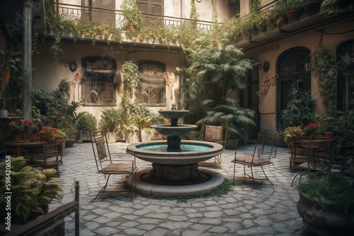 A courtyard painting with a fountain  chairs  table  potted plant  and water feature in center. Generative AI