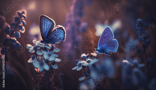 Wild light blue flowers in field and two fluttering butterfly on nature outdoors, close-up macro. Magic artistic image. Toned in blue and purple tones ©  Anamul509