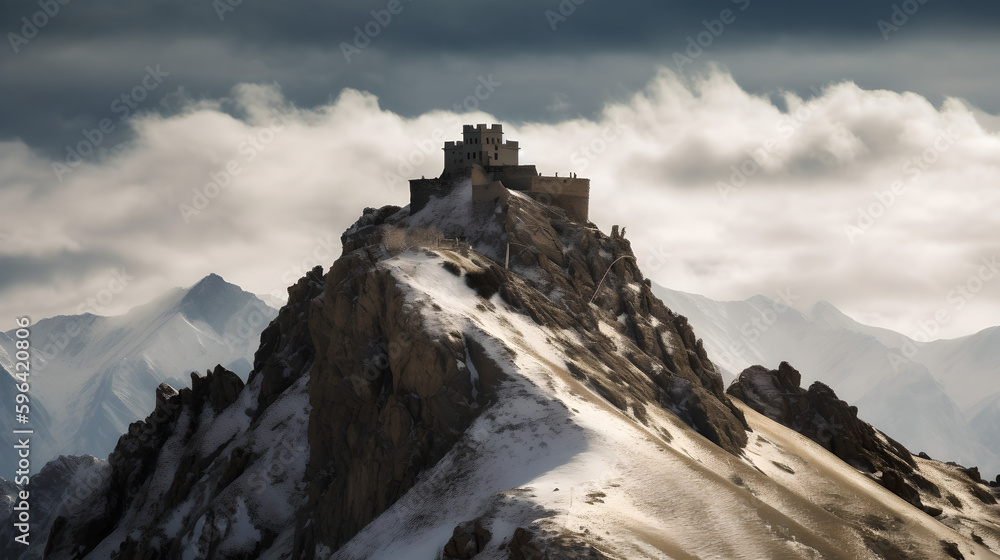 A medieval castle in a cold and snowy mountain. Generative AI
