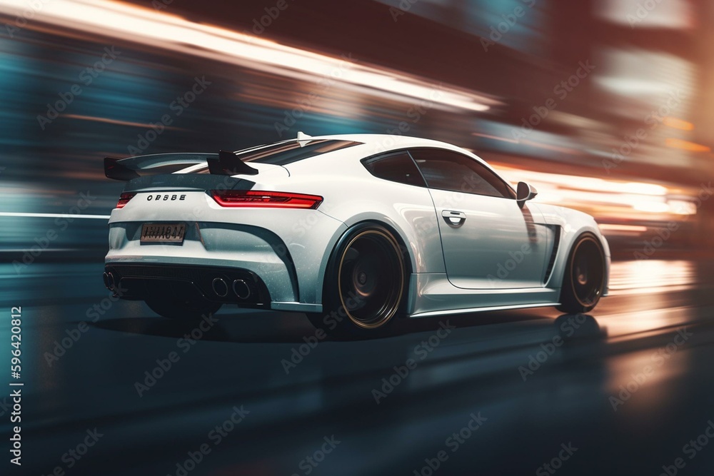 A white sports car in motion, rendered in 3D. Generative AI