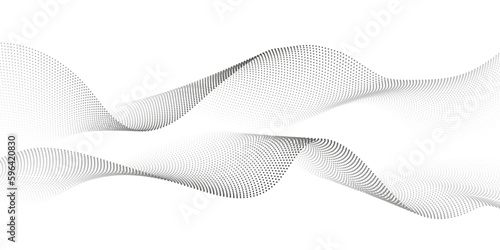 Abstract flowing dots particles wave pattern. Halftone gradient curve shape isolated on white background. Modern vector banner in concept of AI, technology, science, music festival.