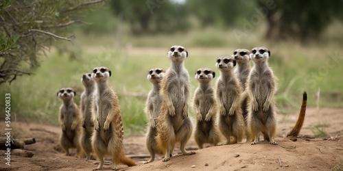 Fotografie, Obraz A family of meerkats standing on their hind legs, looking out for predators, con