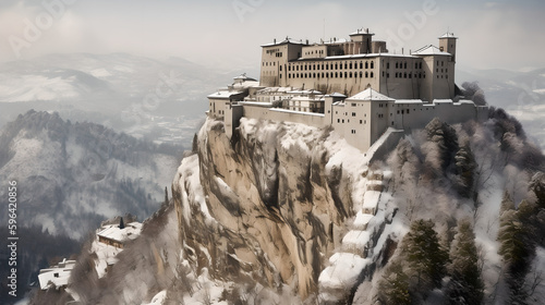 A medieval castle in a cold and snowy mountain. Generative AI 