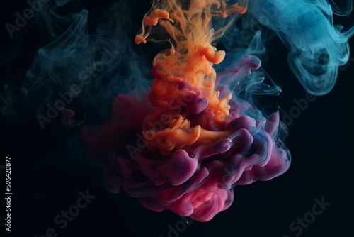 Vibrant and dramatic smoke explosion on a dark background. Generative AI