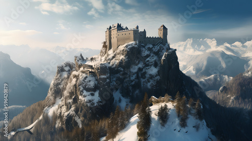 A beautiful medieval castle on top of a snowy mountain. AI generative. © Joris