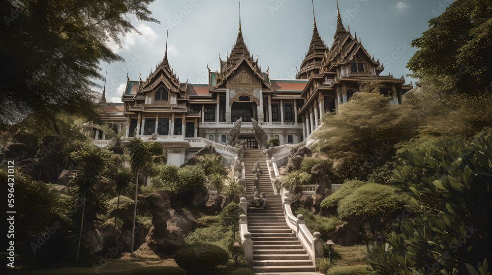 Fototapeta premium A beautiful castle in a mountain. AI generative.