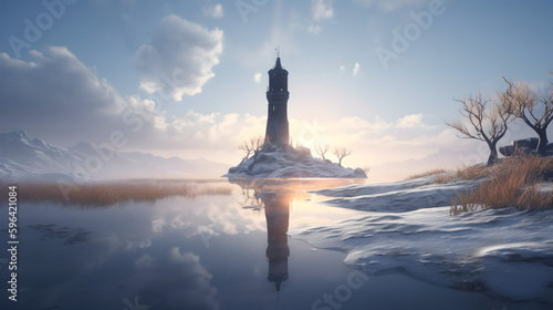 A tower standing in a cold and icy mountain. Generative AI 