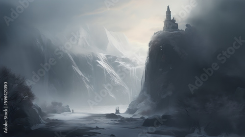 A tower standing in a cold and icy mountain. Generative AI 