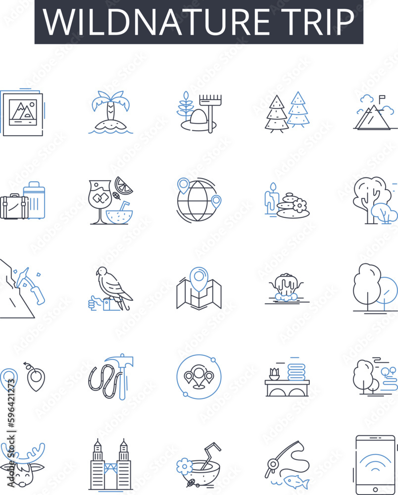 Wildnature trip line icons collection. Grand adventure, Daring endeavor, Bold expedition, Thrilling escapade, Intrepid voyage, Exciting journey, Epic odyssey vector and linear Generative AI Wildnature trip line icons collection. Grand adventure, Daring endeavor, Bold expedition, Thrilling escapade, Intrepid voyage, Exciting journey, Epic odyssey vector and linear Generative AI