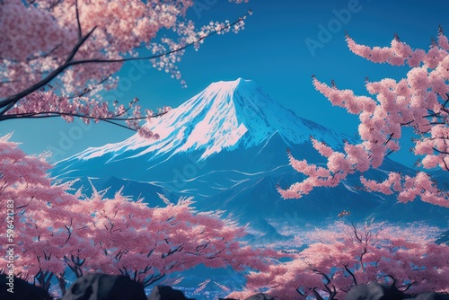 The Enchanting Pink Sakura Trees, a Vision of Pure Beauty Amidst the Wonders of Mt Fuji and the Blue Sky Generative AI 