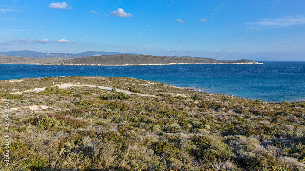scenic view of Yumru Koyu Bay and Bozolan Burnu Cape at Alacati (Izmir province, Turkey)