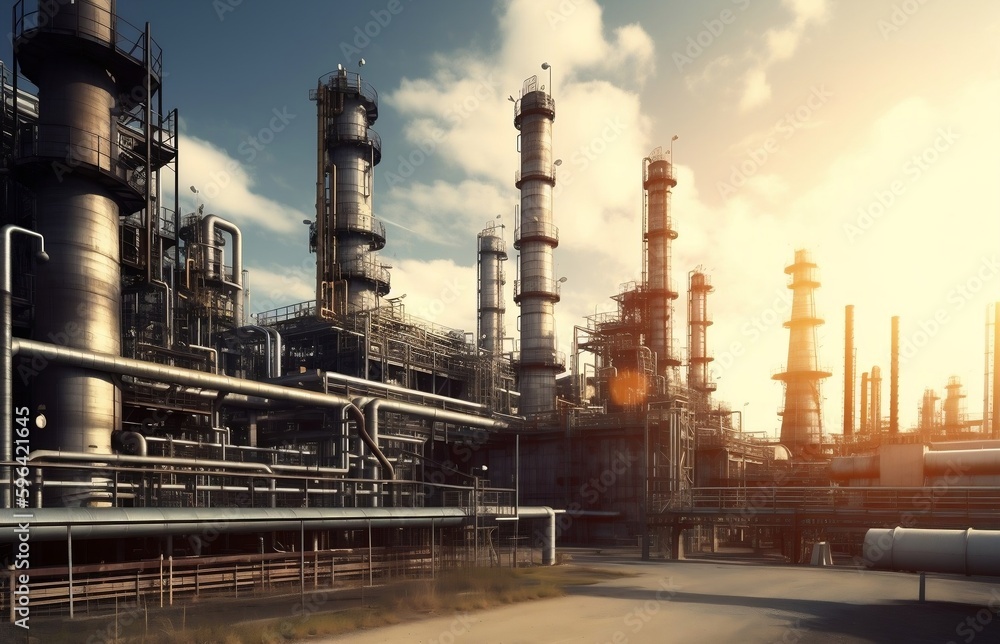 an oil refinery, backlit by the sun. generative AI an oil refinery, backlit by the sun. generative AI