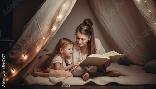 Single mom with her adorable young daughter, spending time together. Mom and daughter concept. Generative AI illustrations