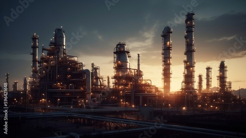 an oil refinery, backlit by the sun. generative AI