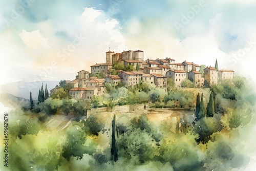 Printable digital watercolor art of Italian village on green Tuscany hill scenery. Generative AI