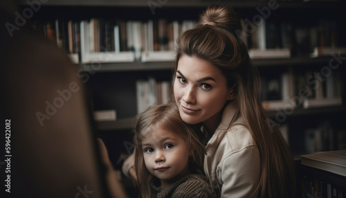 Single mom with her adorable young daughter, spending time together. Mom and daughter concept. Generative AI illustrations