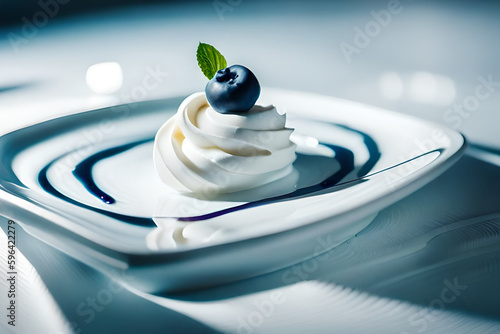 Delicioso deleite chantilly com Blueberry uma deliciosa sobremesa. É o final perfeito para qualquer refeição. IA Generativa photo