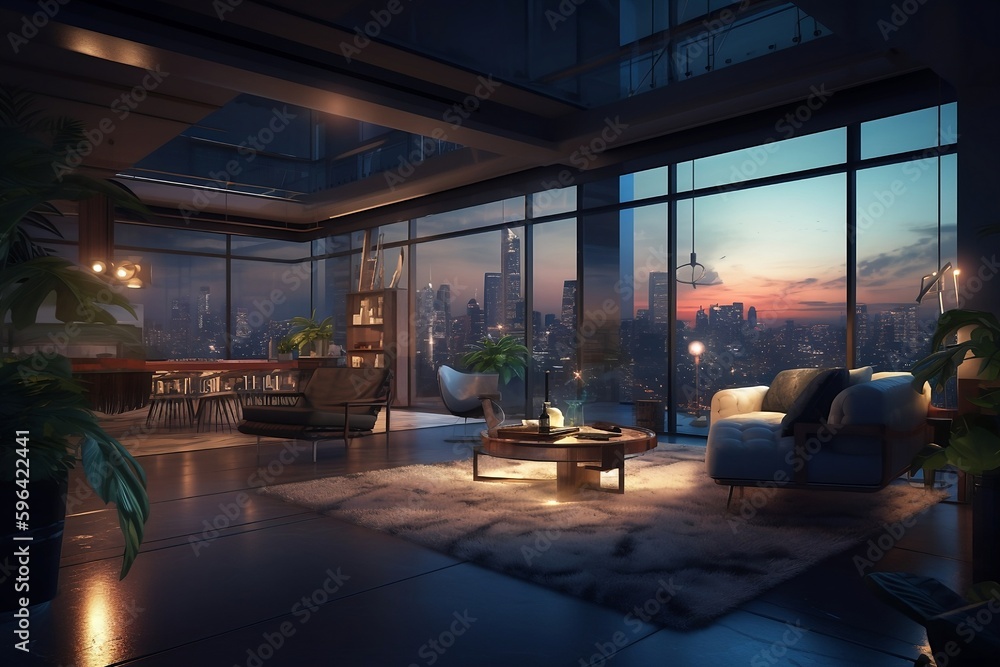 AI-generated photo The interior of a comfortable room with a beautiful view outside the window AI-generated photo The interior of a comfortable room with a beautiful view outside the window