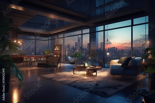 AI-generated photo The interior of a comfortable room with a beautiful view outside the window © SERGEJ