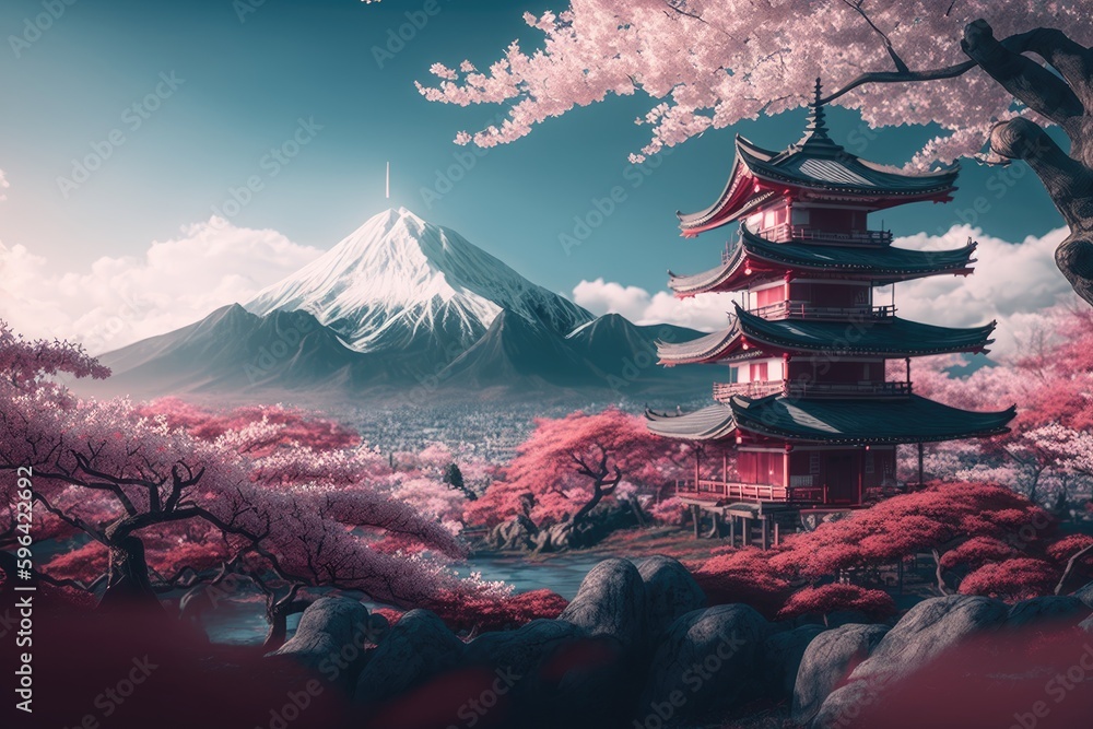 The Serene Pink Sakura Trees, a Calming View of Natural Beauty and Elegance with the Backdrop of Mt Fuji and the Azure  Generative AI	