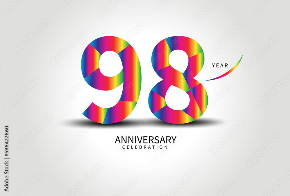 98 Year Anniversary Celebration Logo colorful vector, 98 Number Design, 98th Birthday Logo, Logotype Number, Vector Anniversary For Celebration, Invitation Card, Greeting Card. logo number Anniversary