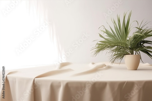 Create an elegant and fresh vibe with this soft beige cotton tablecloth  featuring a tropical dracaena tree in sunlight on a white wall background  created with Generative AI