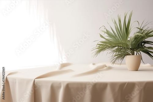 Create an elegant and fresh vibe with this soft beige cotton tablecloth, featuring a tropical dracaena tree in sunlight on a white wall background, created with Generative AI photo