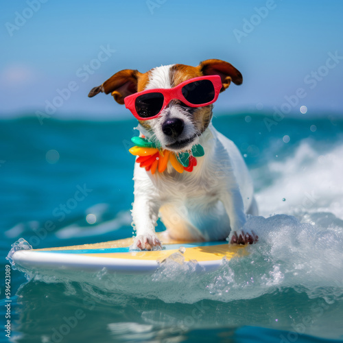 Dog jack russell surfing the wave Illustration AI Generative. © ArtCookStudio