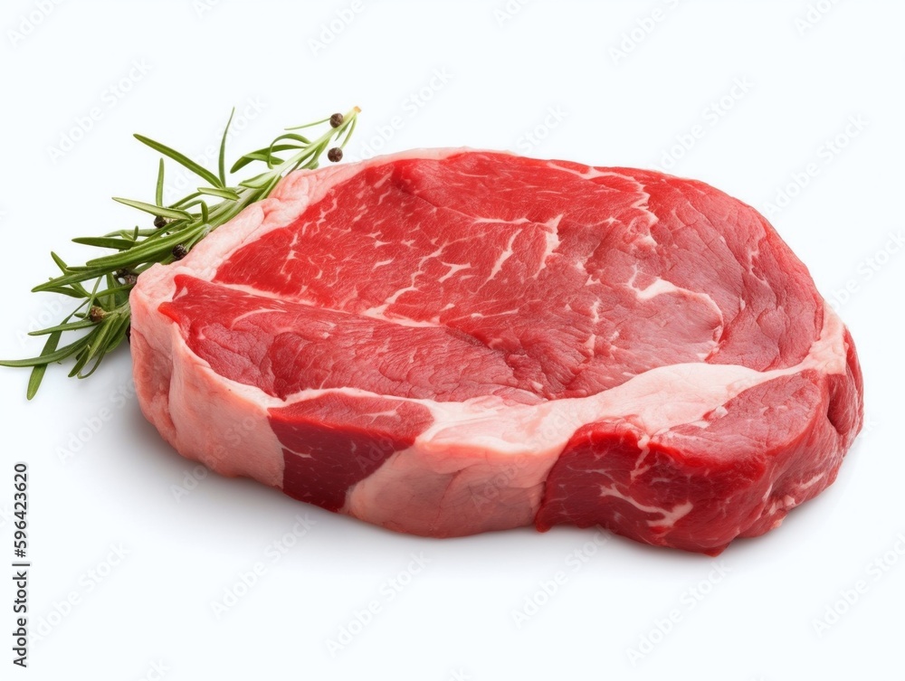 Raw beef steak with rosemary isolated on white background cutout. Raw beef steak with rosemary isolated on white background cutout.