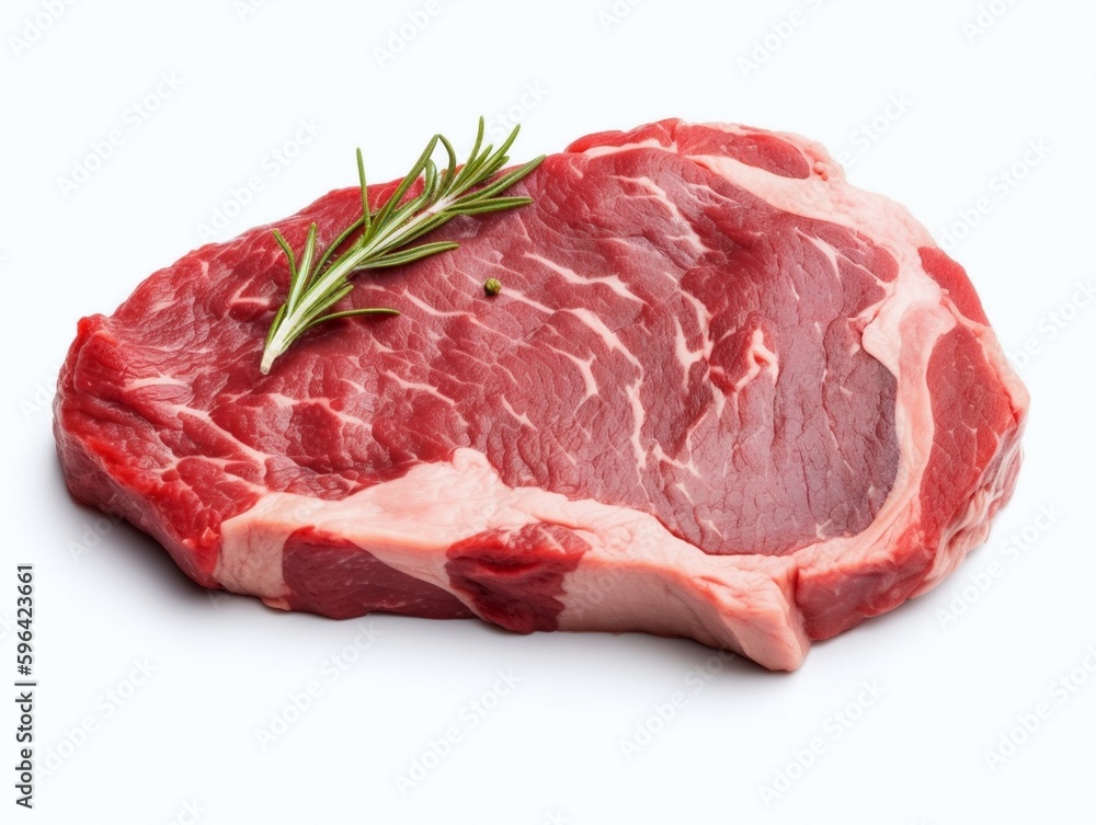 Raw beef steak with rosemary on white background. Top view.