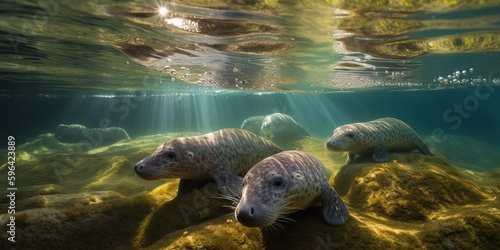 A family of platypuses swimming and diving in a clear, sparkling river, concept of Mammal behavior, created with Generative AI technology