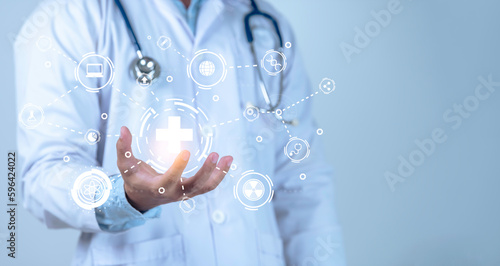Asian smart doctor on white background,digital medical futuristic interface virtual screen