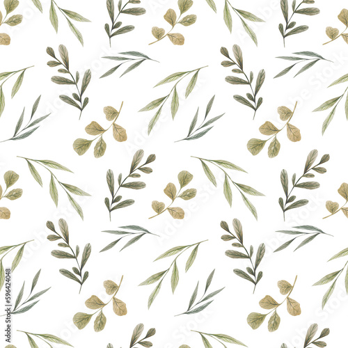 Fototapeta Naklejka Na Ścianę i Meble -  Seamless floral pattern with watercolor green branches with leaves. Hand drawn illustration. Perfect for fabric design, printing in polygraphy, textile design, notebooks, covers, etc