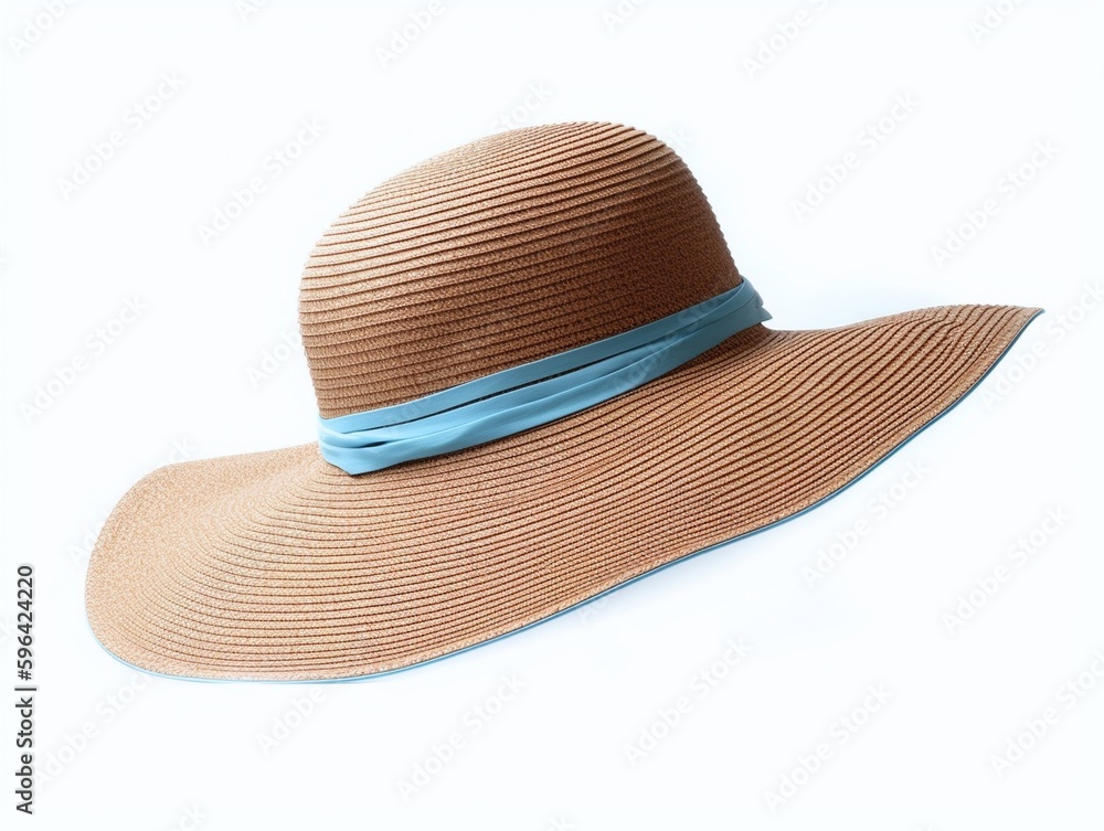 Women's hat isolated on white background. Straw hat with blue ribbon. Women's hat isolated on white background. Straw hat with blue ribbon.