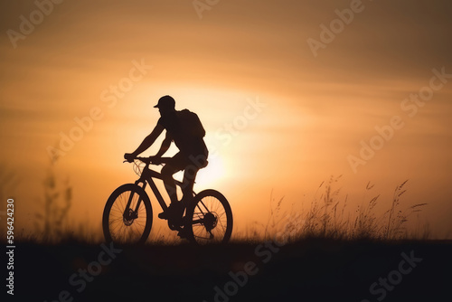 Cyclist in sunset. Illustration AI Generative.